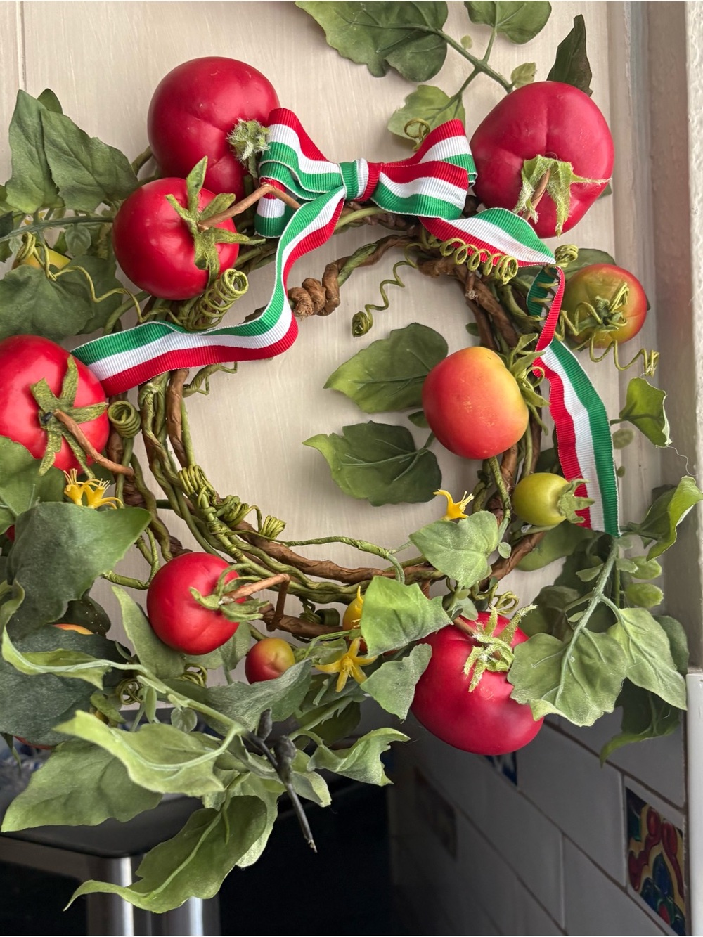 Home Holiday Red Tomato Wreath with Greenery and Ribbon